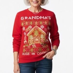 Holiday Time Sweatshirt Women‎ Medium Red Grandma Gingerbread Hugs or Cookies